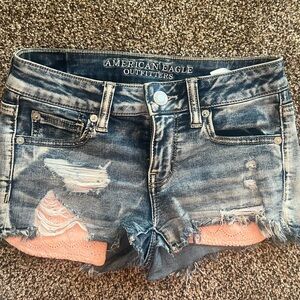 American Eagle Outfitters Ripped Jean Shorts - Blue and Pink